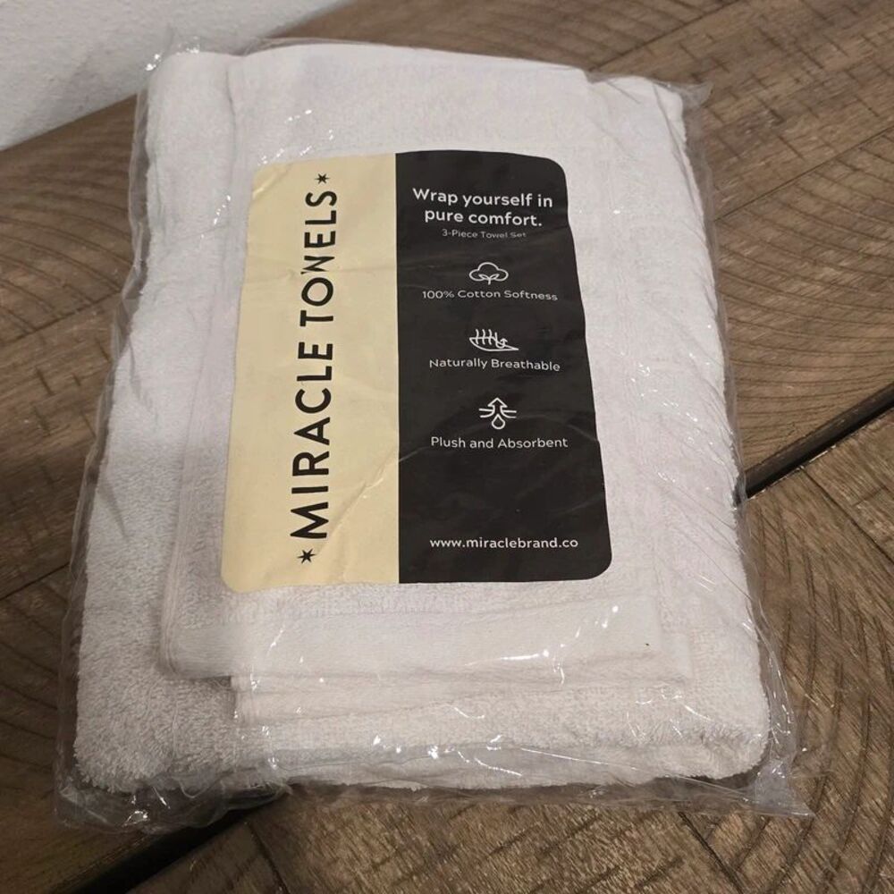 Miracle Made Miracle Towels 3 Piece Bath Towel Set White 100% Cotton New